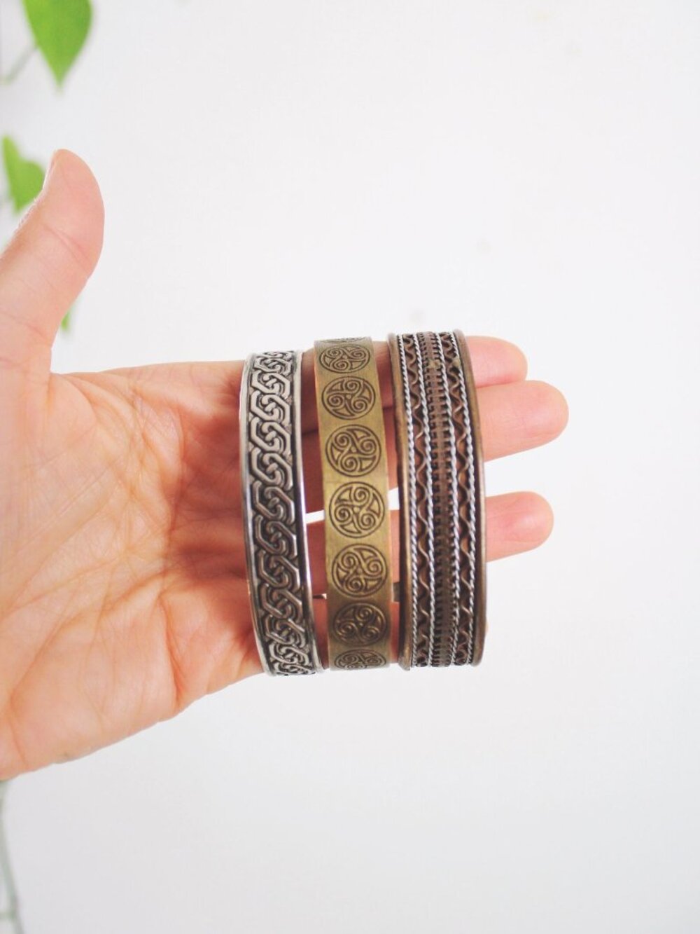 Vintage Bronze Brass Silver Cuff Bracelets Set Of 3 Lot Traditional Celtic Stack